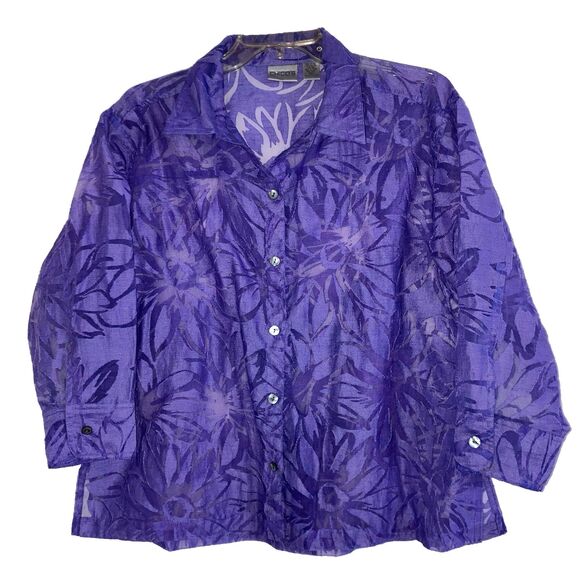 CHICO’S sz L sz 2 Purple Burnt-Out 3/4 Roll Tab Sleeve Relaxed Fit Blouse MOP - Picture 2 of 5